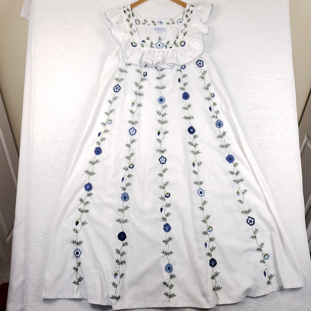 Mi Golondrina White Linen Hand Embroidered Floral Maxi Dress Blue Size M Artisan